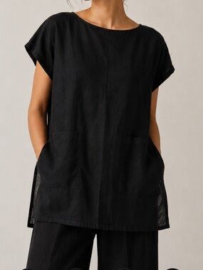 Eileen Fisher Organic Linen Tunic Top Black XS Oversized Pockets 100% Linen